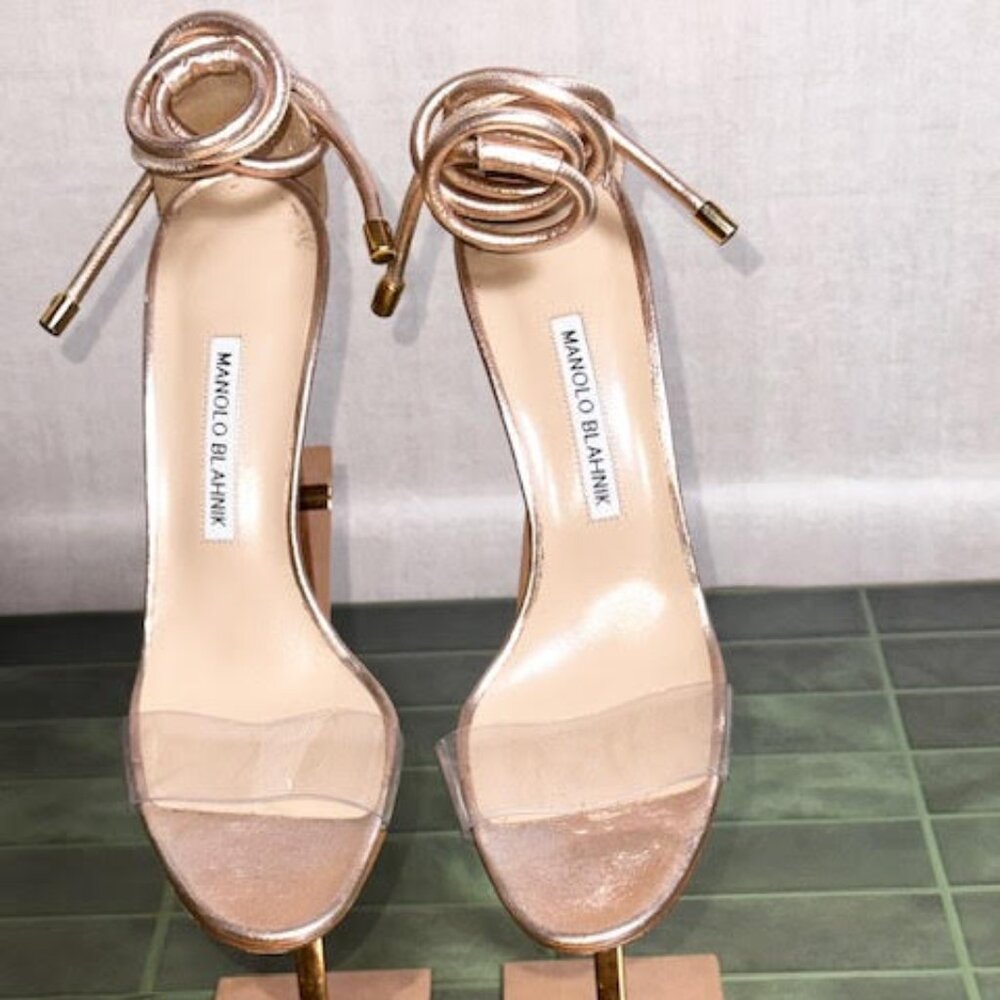 Manolo Blahnik Women’s Estro Leather & PVC Ankle-Tie Sandals in Rose Gold